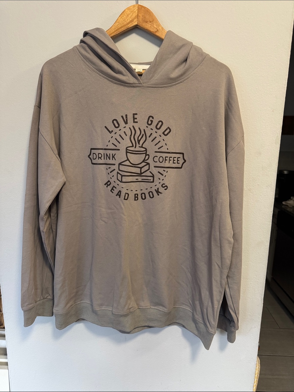 Men's Taupe Hoodie Sweatshirt with Coffee & Books Graphic